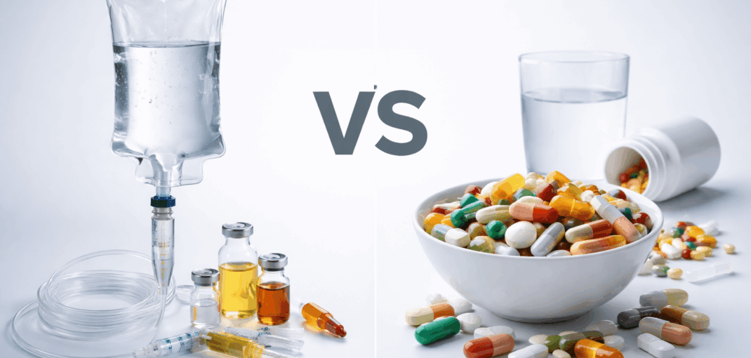 IV therapy vs oral supplements comparison showing IV drip and vitamin capsules side by side