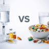 IV therapy vs oral supplements comparison showing IV drip and vitamin capsules side by side